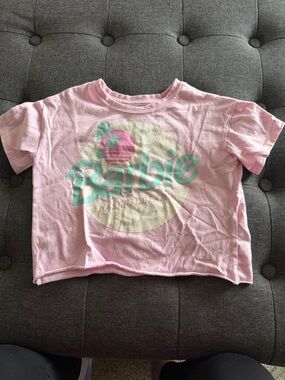 Barbie Pink Crop Tee with Mint Logo and Cream Sun Graphic
